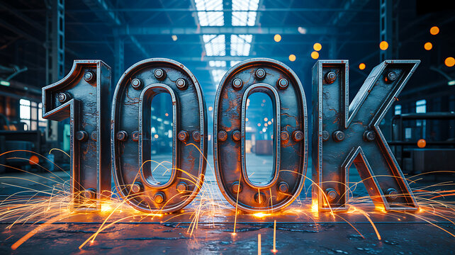 Metallic &ldquo;100K&rdquo; with riveted steel texture surrounded by sparks in industrial warehouse setting