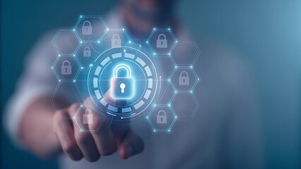 Data protection privacy concept. GDPR. EU. Cyber security network. Business man protecting data personal information on tablet. Padlock icon and internet technology networking connection on digital..