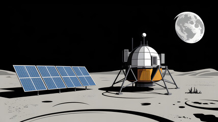 Lunar landscape with lander, solar panels, and the Earth in the sky.