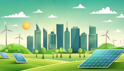 Illustration of a modern city powered by renewable energy with solar panels and wind turbines, representing sustainability, clean energy, and eco-friendly urban development.