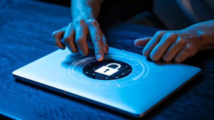 Person pointing at digital lock icon on laptop screen with circular interface representing cybersecurity and data protection