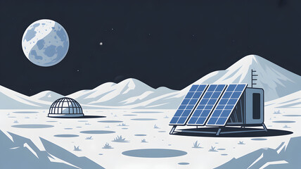 Moon base with solar panels, a dome, and lunar landscape illustration.