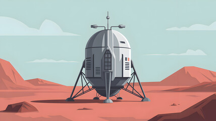Landing module on Mars-like planet with red sand and light blue sky.