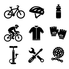A square-format image featuring a grid of nine black silhouette icons related to cycling and bicycle maintenance