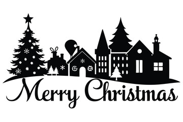 Fototapeta premium Winter Landscape Silhouette with Christmas Houses and Snowy Fir Trees for Holiday Graphic Projects