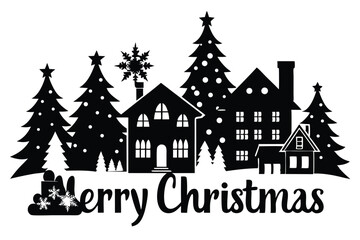 Silhouette Illustration of a Snowy Christmas Village with Houses and Forest Trees for Winter Themes