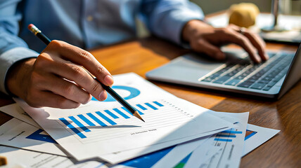 Person reviewing bar graph on financial document with pencil at desk beside laptop in professional workspace