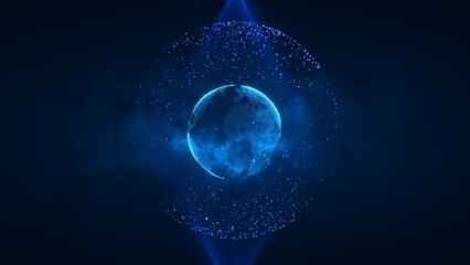Abstract blue planet earth spinning with futuristic high-tech particles bright glowing magical energy, abstract background