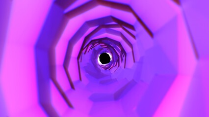 A beautiful abstract purple-pink tunnel of square shapes wrapped twisted into a spiral of bright lines on a black space background. Abstract background