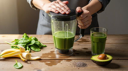 Woman blending green smoothie with fresh ingredients on wooden table  