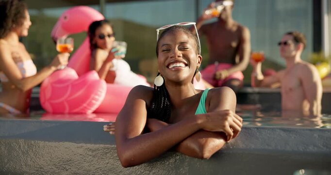 Face, relax or happy woman in swimming pool to party for holiday, break or vacation. Laughing, thinking or girl in water with smile or friends or people at hotel, lodge or resort for summer getaway