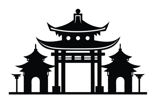 Asian Temple Gate Silhouette, Traditional Chinese Archway Vector Illustration for Travel Concepts