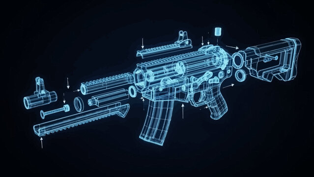 Holographic Exploded View of a Modern Assault Rifle Blueprint, Displaying Advanced Weaponry Components in a Futuristic Digital Design