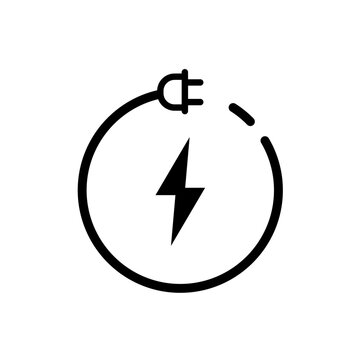 Electric plug with circular cable and lightning bolt, power energy line vector icon