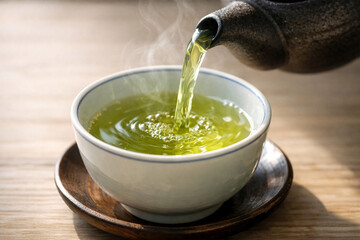 hot green tea pouring from a traditional teapot into a porcelain cup