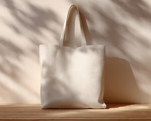 Blank beige canvas tote bag mockup standing upright against a soft wall featuring natural sunlight and palm leaf shadows for branding display