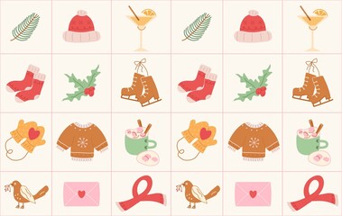 Winter cute seamless pattern. Modern mosaic background with hand-drawn holiday elements, glasses, socks, clothes, glass, gift, skates, heart, letter. art illustration