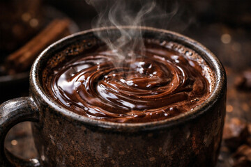 hot chocolate in a mug, glossy surface with melted chocolate swirls