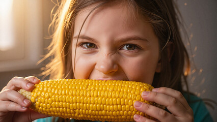 Young girl happily biting into boiled corn with sunlight backdrop Concept of health 