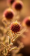 A stunning macro shot of a unique reddish-brown spiky desert flower during golden hour light