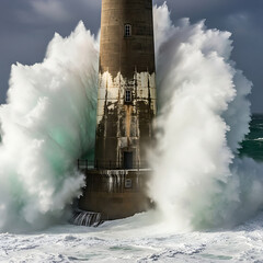 Massive storm waves crashing against a tall stone lighthouse in the middle of a rough ocean