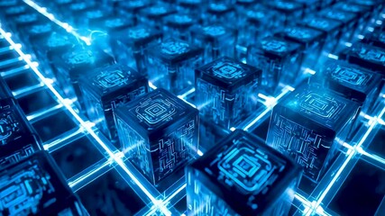 Glowing microchip grid powering advanced computing systems with interconnected processors and high speed digital data processing architecture - Powered by Adobe