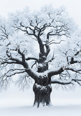 A majestic ancient oak tree stands tall covered in heavy winter frost and snow