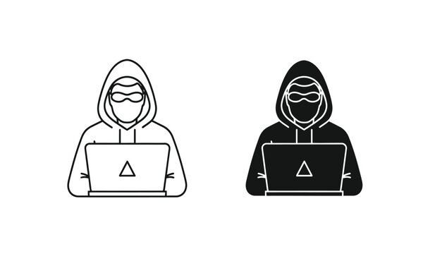 Two hooded hackers using laptops with triangle symbols on screens in black and white