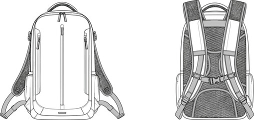 Backpack front and back views with mesh panels and straps front view