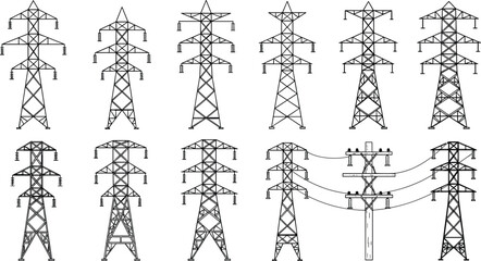 Black and white line of various power transmission towers electricity pylons line black and white