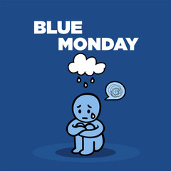 Vector illustration of a blue figure sitting under a rain cloud, representing depression, sadness, and the gloomiest Monday.