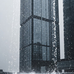 Modern urban skyscraper architecture captured through the dynamic splashes of a city fountain