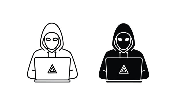 Two hooded hackers using laptops with warning signs on screens in black and white