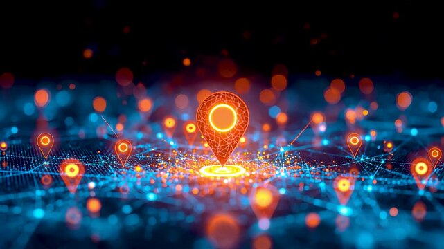 Glowing location markers connected across a digital city grid showing real time navigation mapping intelligence and networked urban positioning system