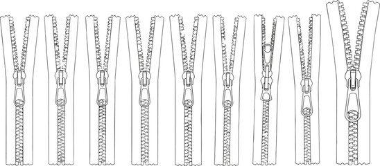 Black and white of multiple zippers in different states metal fabric teeth © Riyaj Vector Valley