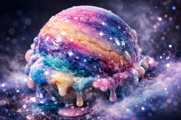 ice cream scoop shaped like a planet, melting into space-like mist, star reflections on surface