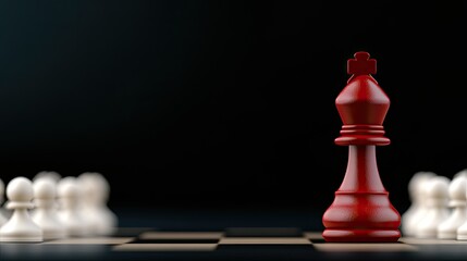 A prominent red chess king is positioned against white pieces on a dark blue background, representing leadership and strategy