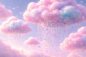 fluffy cotton candy shaped like clouds raining colorful sprinkles,