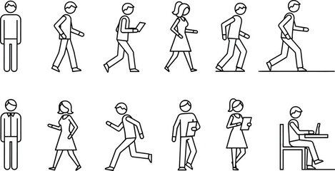 Black and white stick figures in various poses people walking running sitting