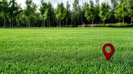 Red location pins stand out against a vibrant green field, marking specific spots with clarity and visibility in an outdoor setting