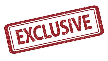 red rubber stamp style text "EXCLUSIVE", slightly distressed ink look, bold capital letters