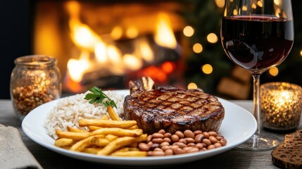 Savor a vibrant plate featuring perfectly grilled steak alongside fluffy rice, savory beans, and crispy fries, embodying Brazilian cuisine