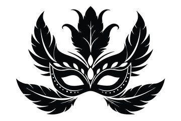Masquerade Party Mask Icon with Decorative Feathers, Minimalist Black and White Design for Festival Branding