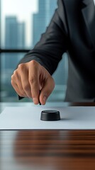 Fototapeta premium Businessman's hand applies a stamp to important documents on an office desk, with a pen and green ball beside