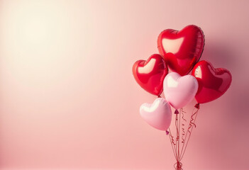 Heart-shaped balloons floating in soft daylight, pastel colors, clean background, copy space, commercial Valentine image