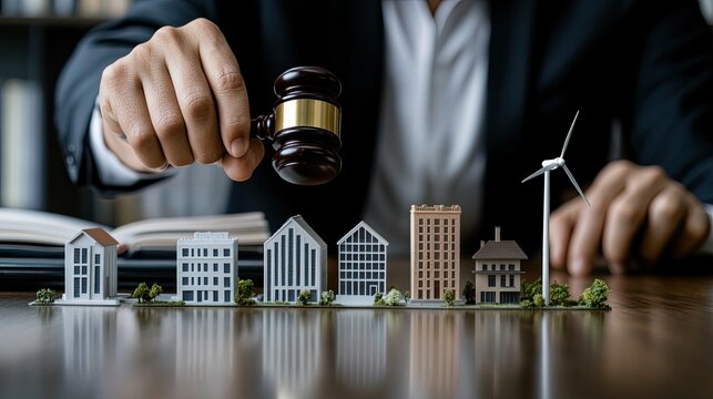 A real estate lawyer strikes miniature buildings with a gavel while a wind turbine stands nearby, surrounded by law books and decor
