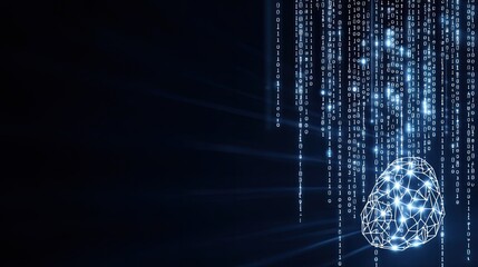 illustration showcases a glowing brain constructed from digital connections, set on a dark blue background filled with binary code