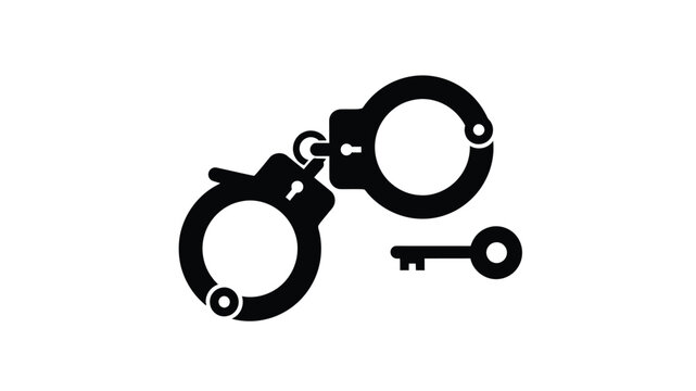 Black silhouette of open handcuffs with a key symbolizing freedom and legal justice