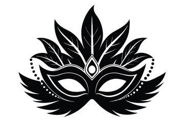 Artistic Masquerade Mask Illustration with Feather Details, Monochrome Vector Icon for Performance Art