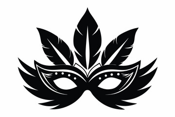 Festive Carnival Mask and Feathers Silhouette, Black and White Design Element for Masquerade Ball Invitations